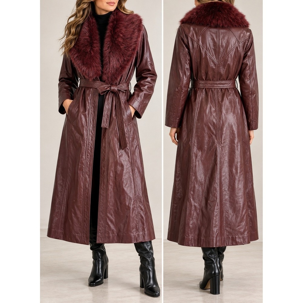 Vintage The Leather Warehouse Burgundy Leather Trench Coat Faux Fur Collar Belt